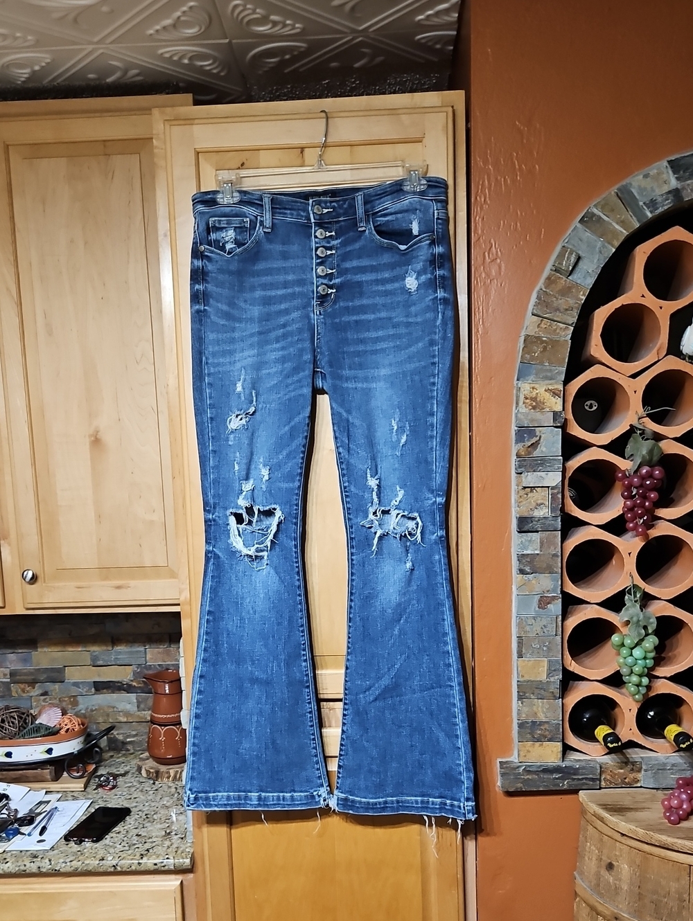 Judy Blue Trouser Flare Jeans High Rise Button Fly Distressed Blue Raw Hem